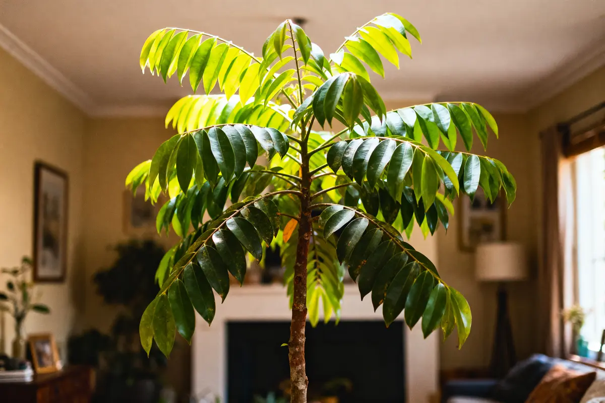 Plante verte luxuriante en intérieur, éclairée par la lumière naturelle, dans un salon cosy et lumineux.