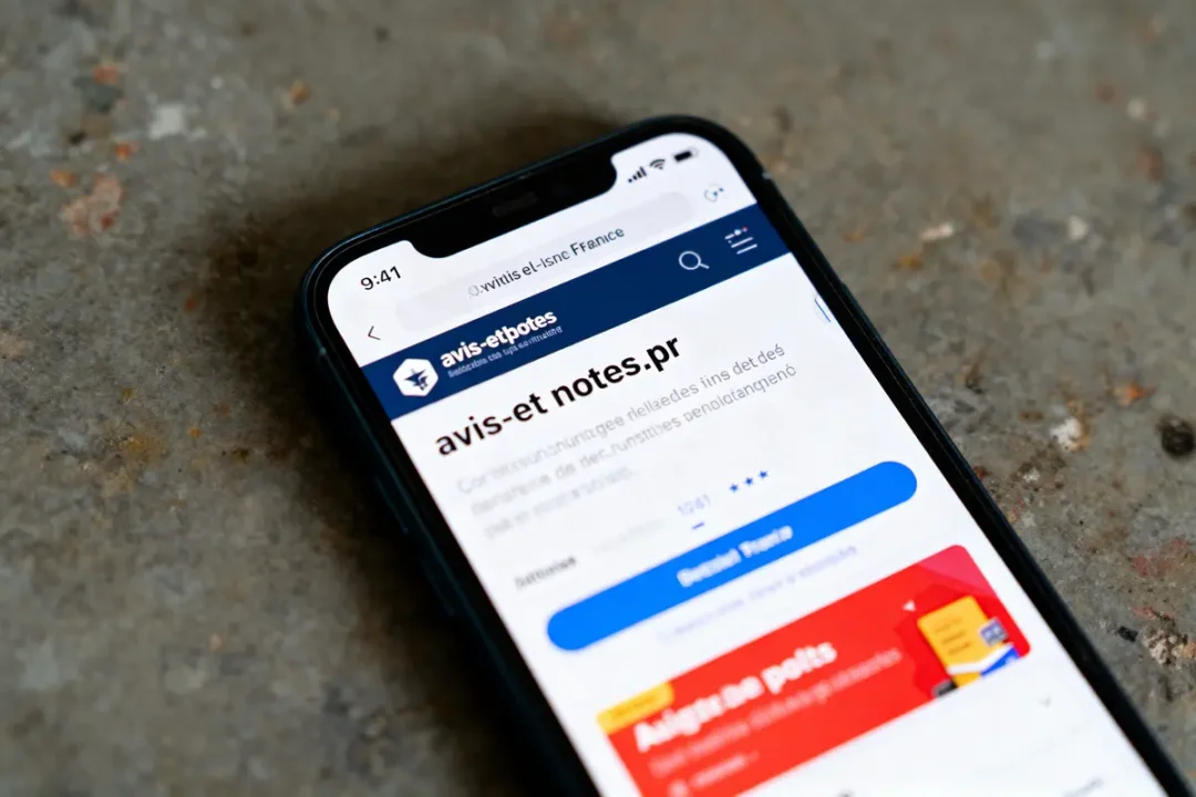 Smartphone affichant la page "avis-et-notes.pr" sur un site web, fond en béton gris.