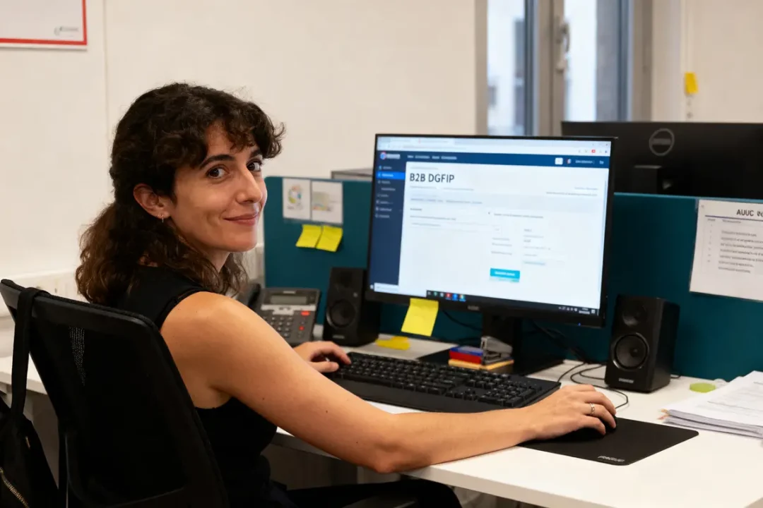 Femme souriante travaillant à l'ordinateur dans un bureau avec écran, téléphone et papiers.