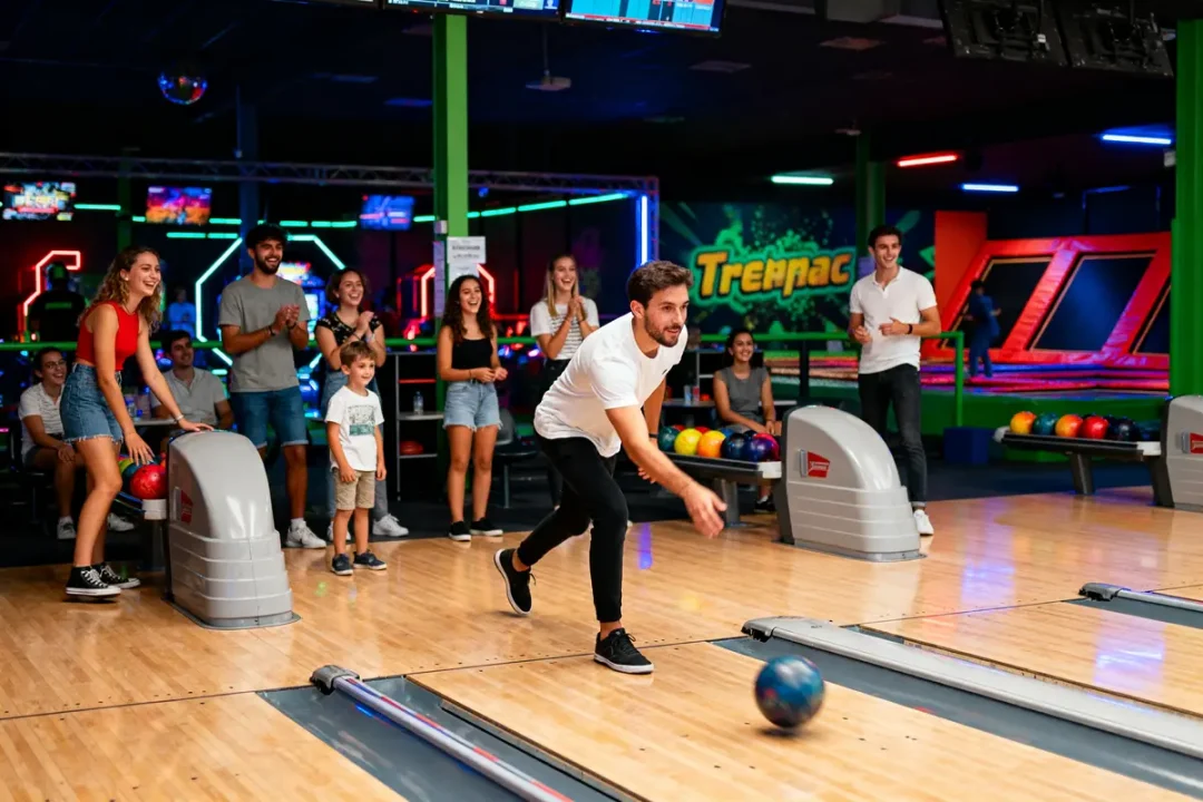 Groupe d'amis jouant au bowling, applaudissant un joueur lançant une boule sur la piste.