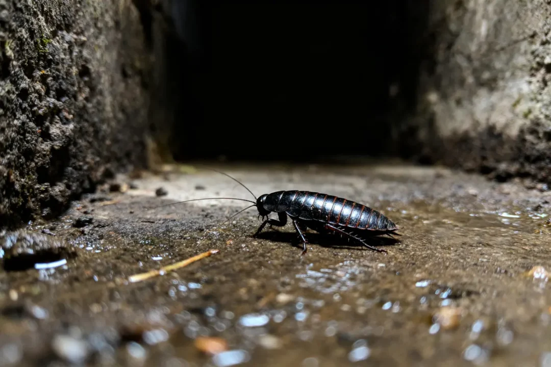 Blatte noire sur sol humide et sombre, près de murs rugueux.