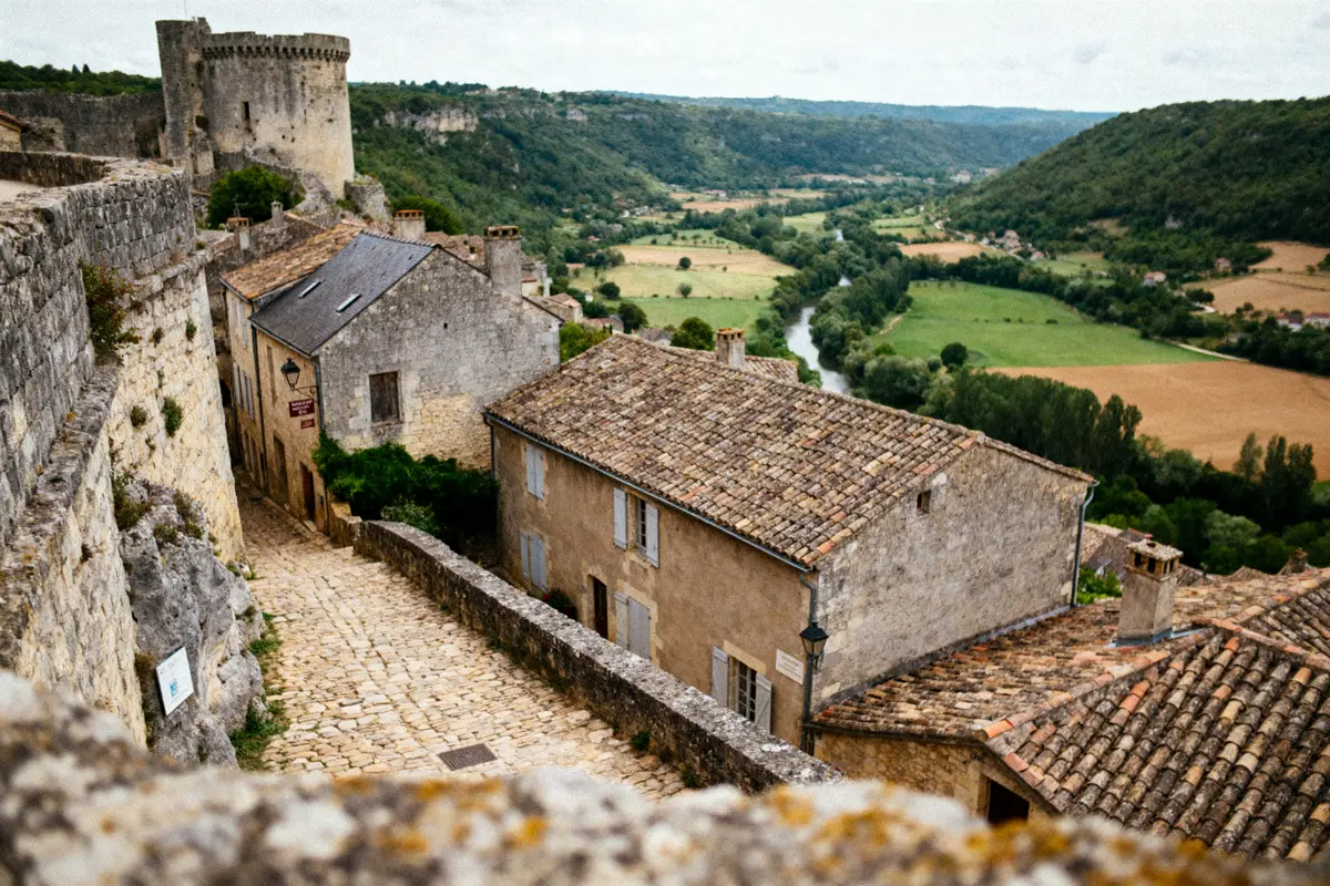 Chemin pavé médiéval avec maisons en pierre, tour fortifiée, vallée verdoyante et rivière sinueuse à l'horizon.