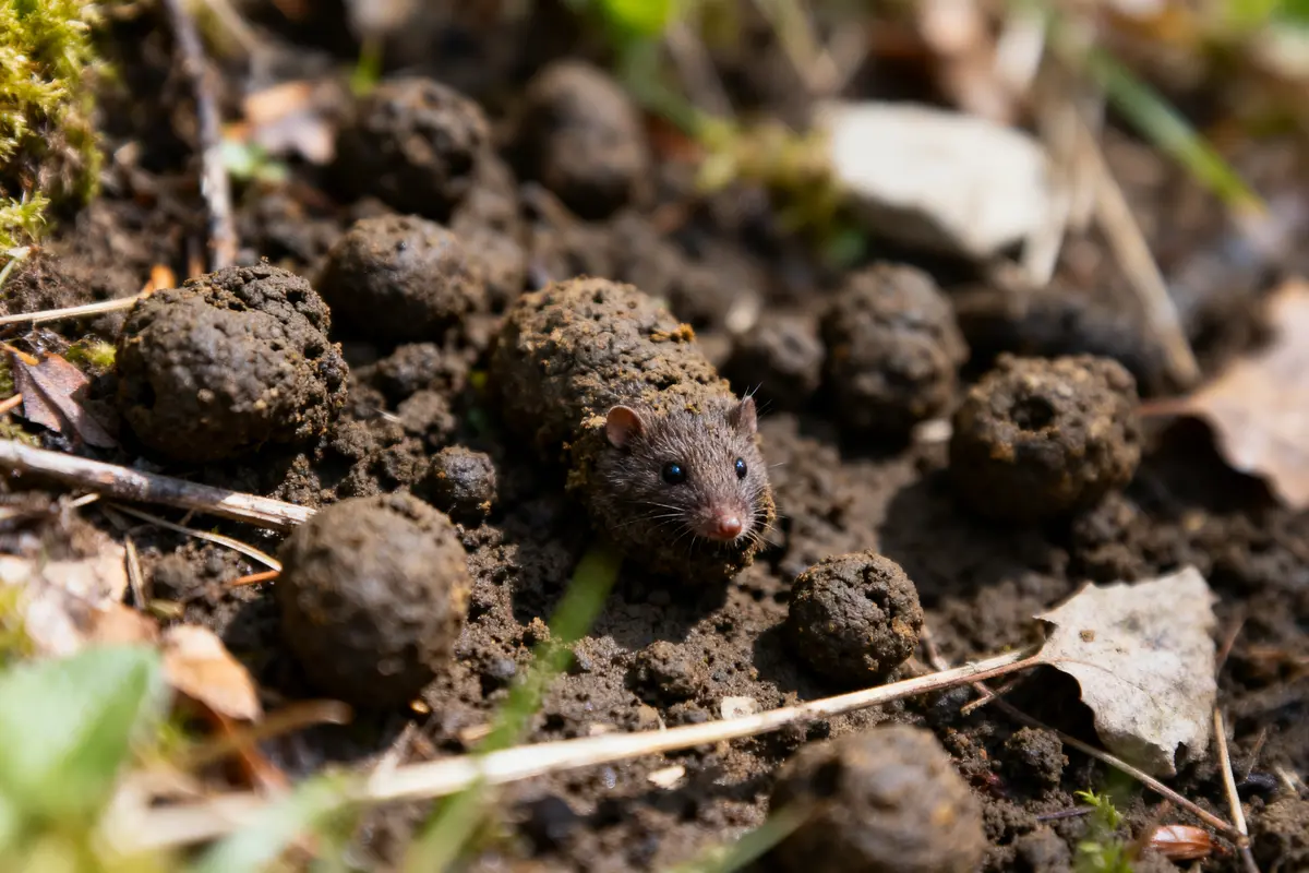 Petite souris émergente du sol terreux parmi des morceaux de terre et feuilles mortes environnantes.