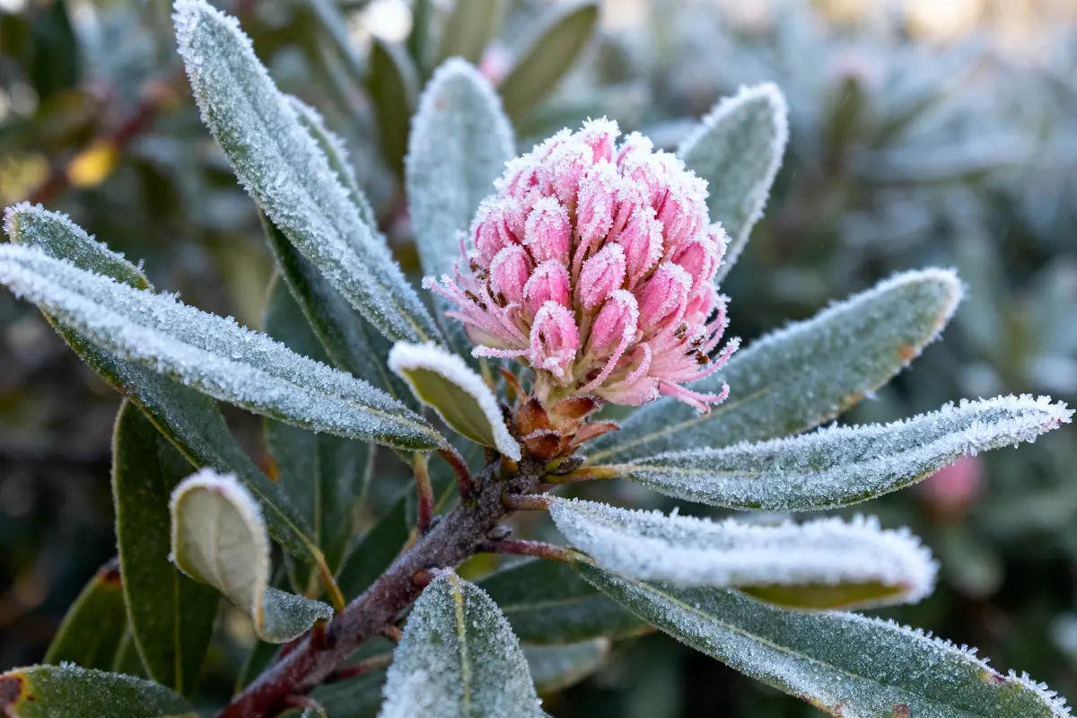 Fleur rose givrée entourée de feuilles couvertes de cristaux de givre par temps froid.