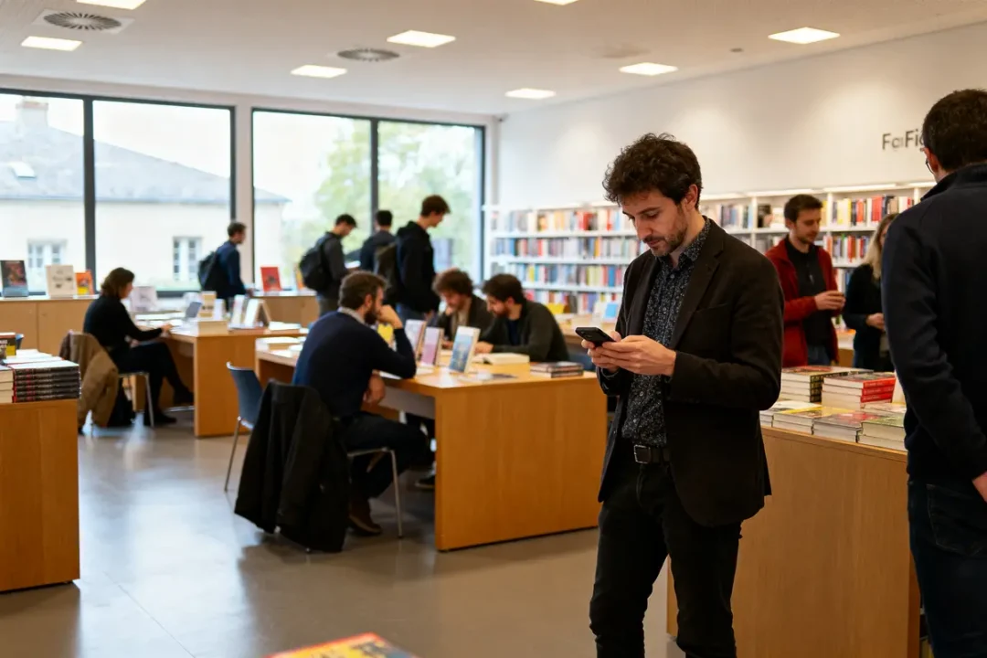 Des personnes consultent des livres et utilisent des téléphones dans une librairie moderne et lumineuse.