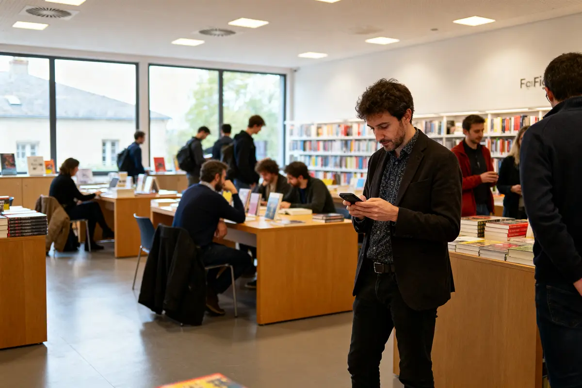 Des personnes consultent des livres et utilisent des téléphones dans une librairie moderne et lumineuse.