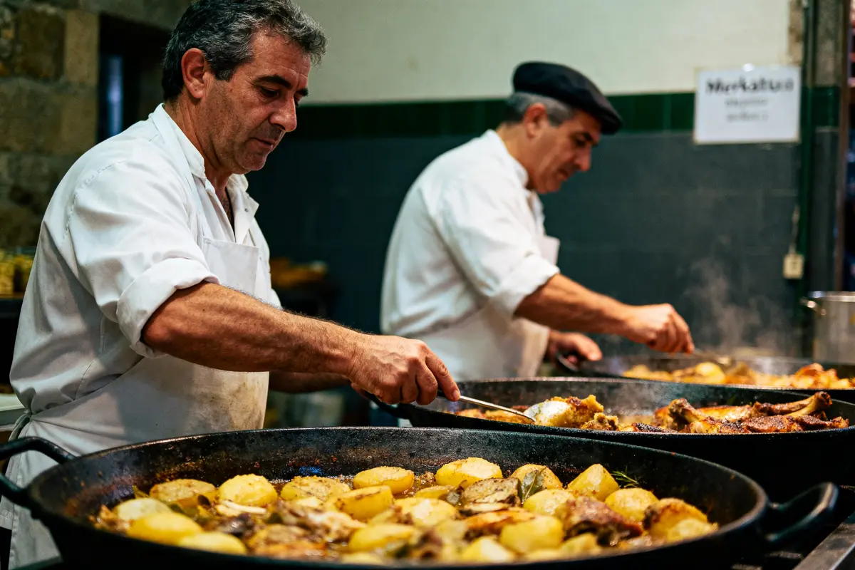 Deux cuisiniers préparent un plat de pommes de terre et viande dans de grandes poêles en cuisine.