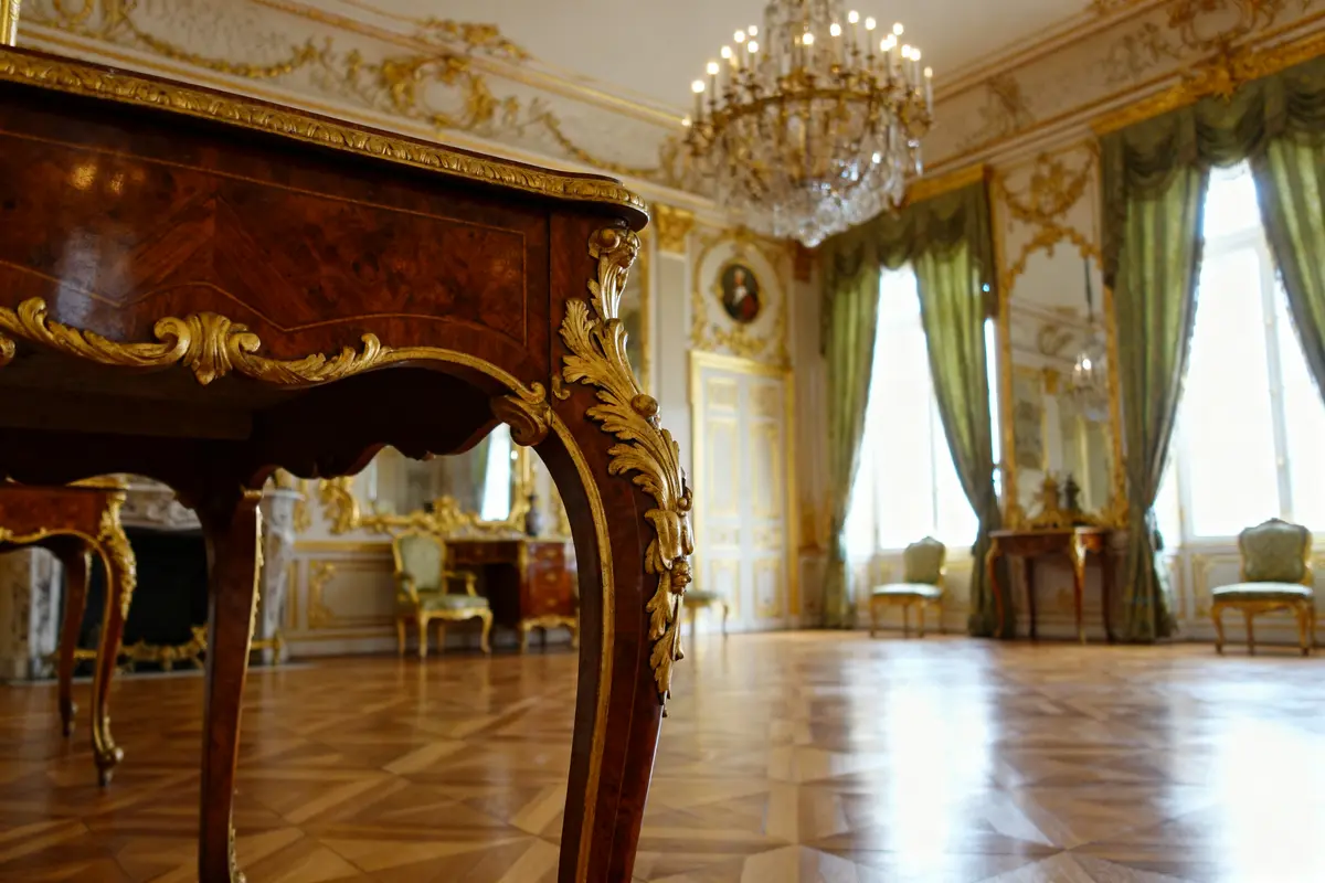Grande salle luxueuse avec meubles anciens, parquet élégant, rideaux verts, hauts plafonds et lustre scintillant.
