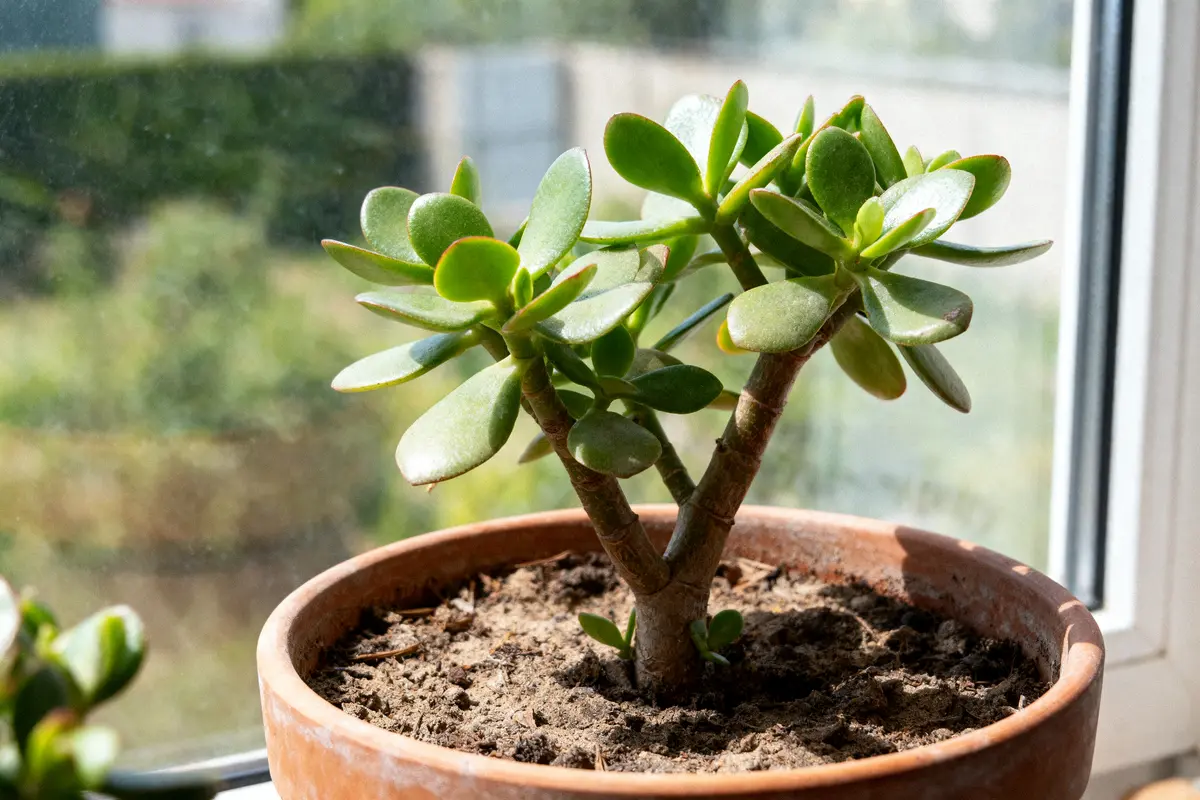Plante succulente verte dans un pot en terre cuite, près d'une fenêtre ensoleillée.