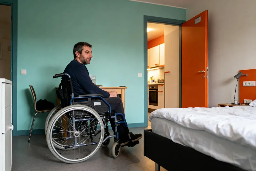 Homme en fauteuil roulant dans une chambre moderne, face à une cuisine, porte orange ouverte.