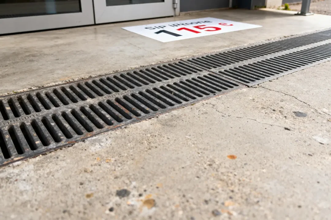 Grille de drainage au sol devant porte, panneau prix "115 €". Surface bétonnée.