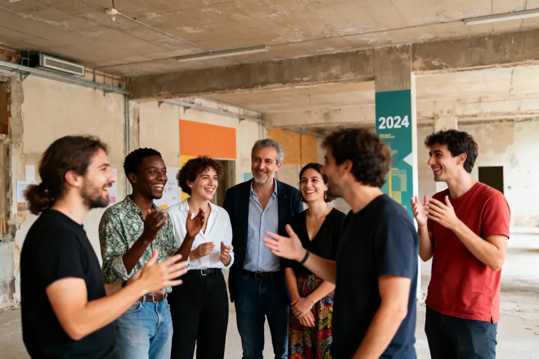 Groupe de personnes souriantes discutant dans un espace intérieur brut avec décorations murales colorées.