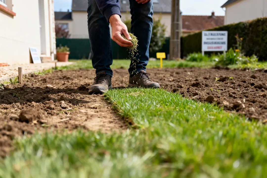 Personne en train de semer des graines sur un sol préparé, avec de l'herbe et une maison en arrière-plan.