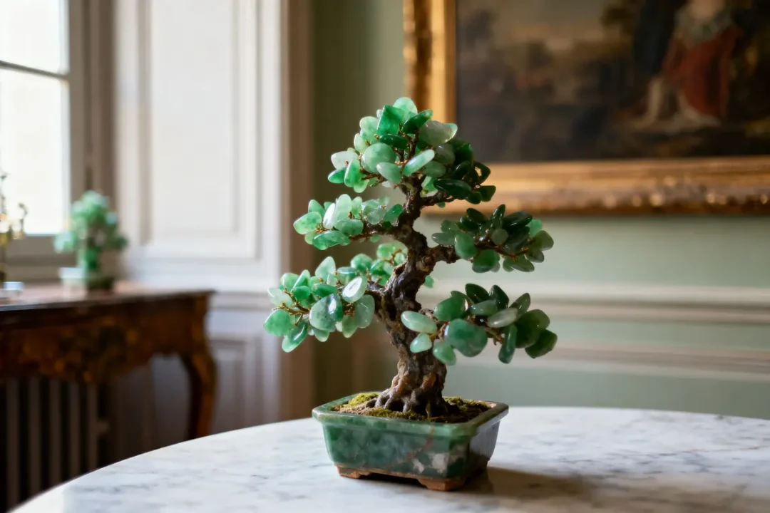 Bonsaï en jade vert sur table en marbre dans une pièce élégante avec tableau en arrière-plan.