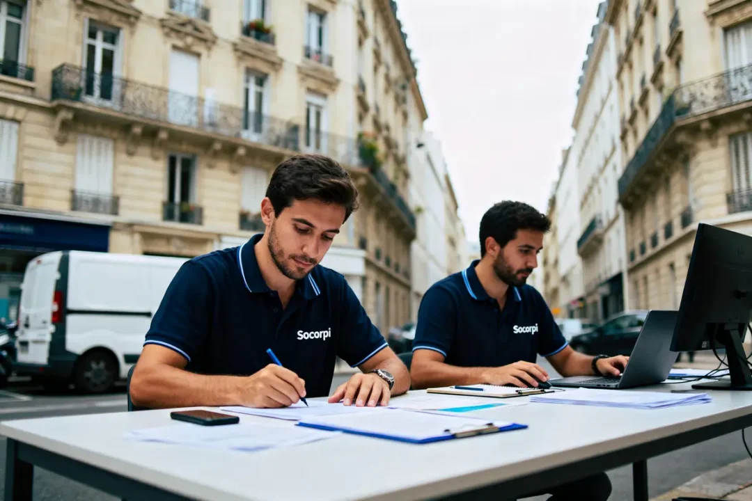 Deux hommes travaillent à une table dans la rue, portant des polos bleus, devant des bâtiments urbains.