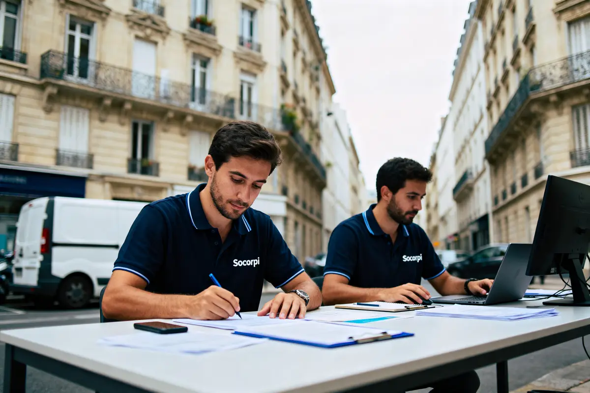 Deux hommes travaillent à une table dans la rue, portant des polos bleus, devant des bâtiments urbains.