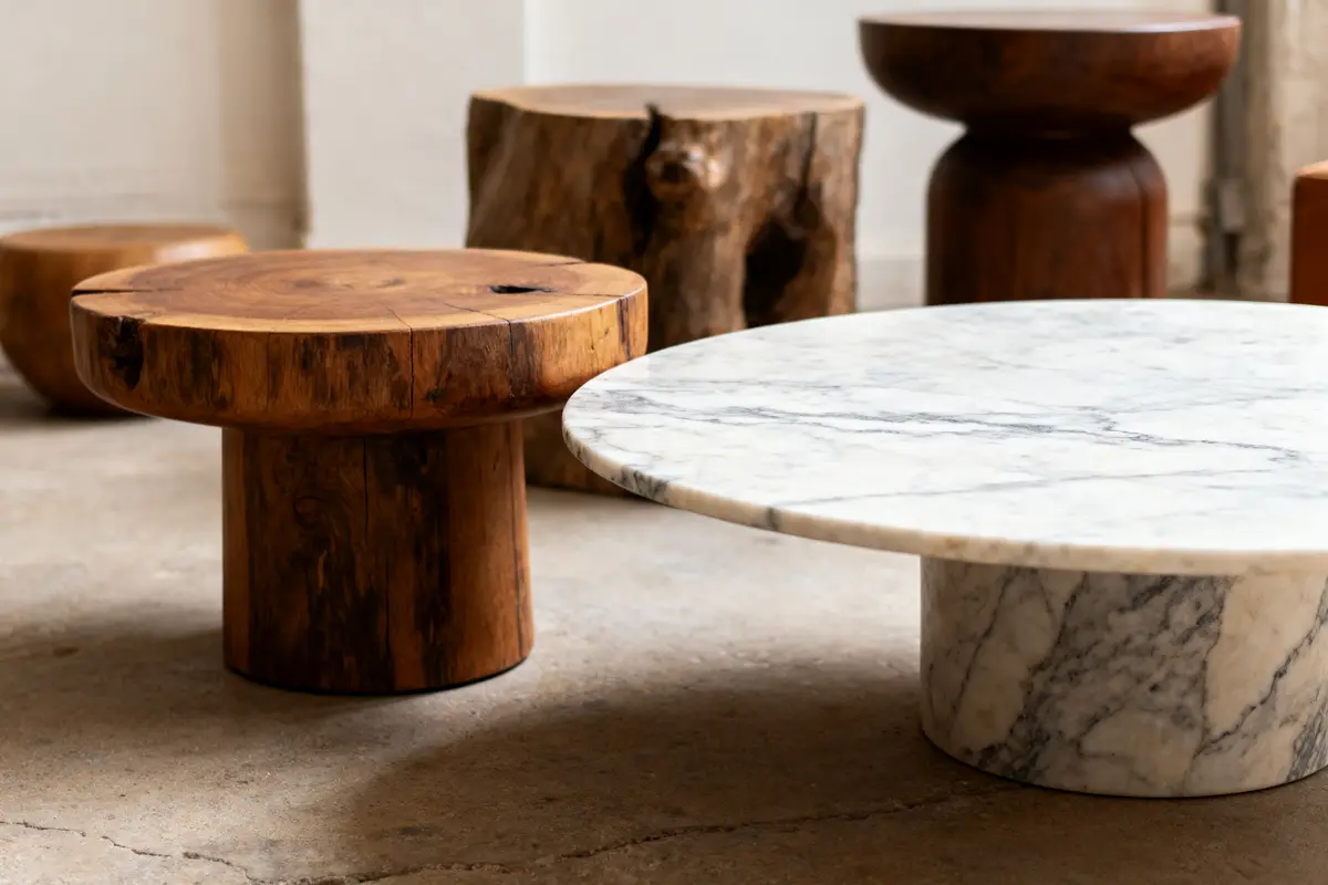 Tables basses en bois et marbre, formes cylindriques, minimaliste, sol en béton, intérieur lumineux.