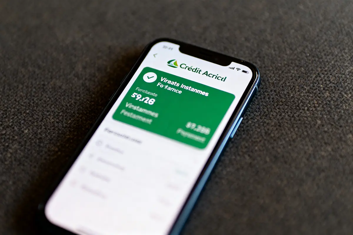 Smartphone affichant une application bancaire "Crédit Acricol" sur un fond sombre, avec détails de paiement validé.