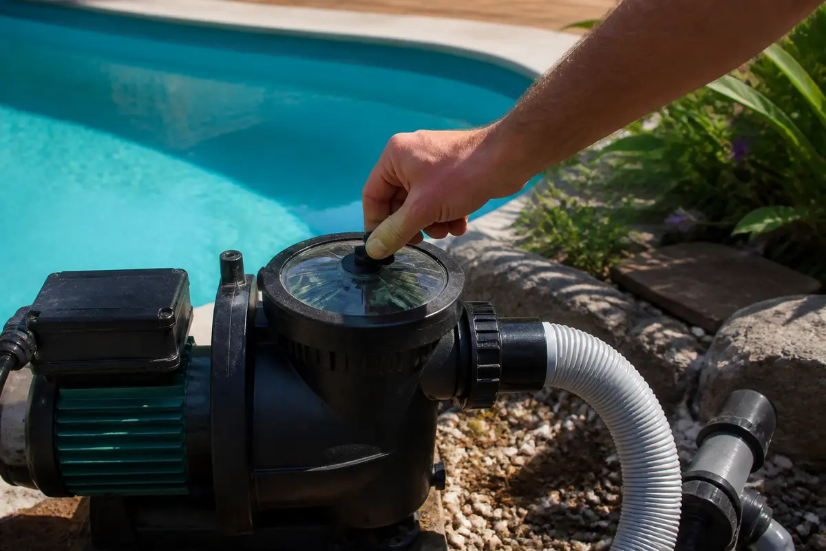 Main ajustant une pompe de piscine près d'un bassin bleu, entouré de végétation et pierres.