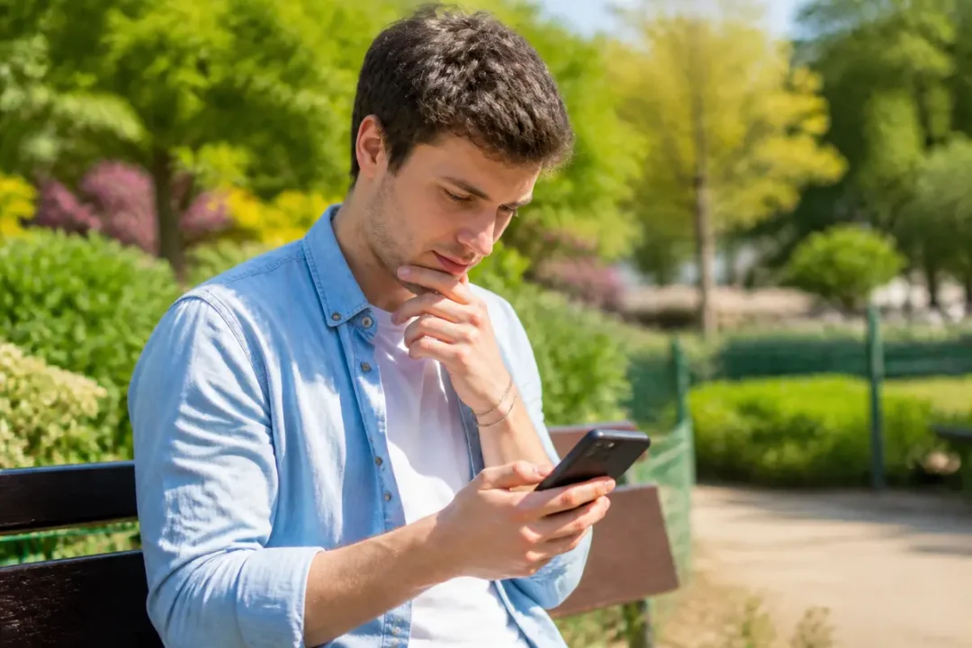 Un homme pensif consulte son smartphone, assis sur un banc dans un parc verdoyant.