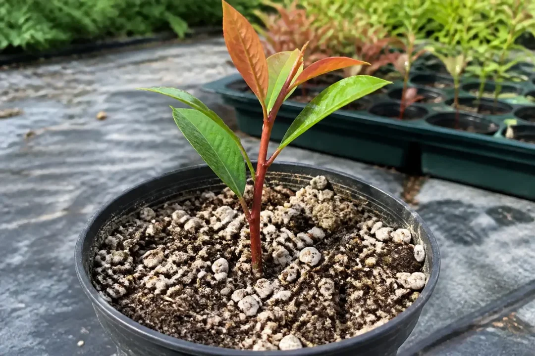 Jeune pousse dans un pot, sol fertile, feuilles vertes et orangées, arrière-plan flou de végétation.