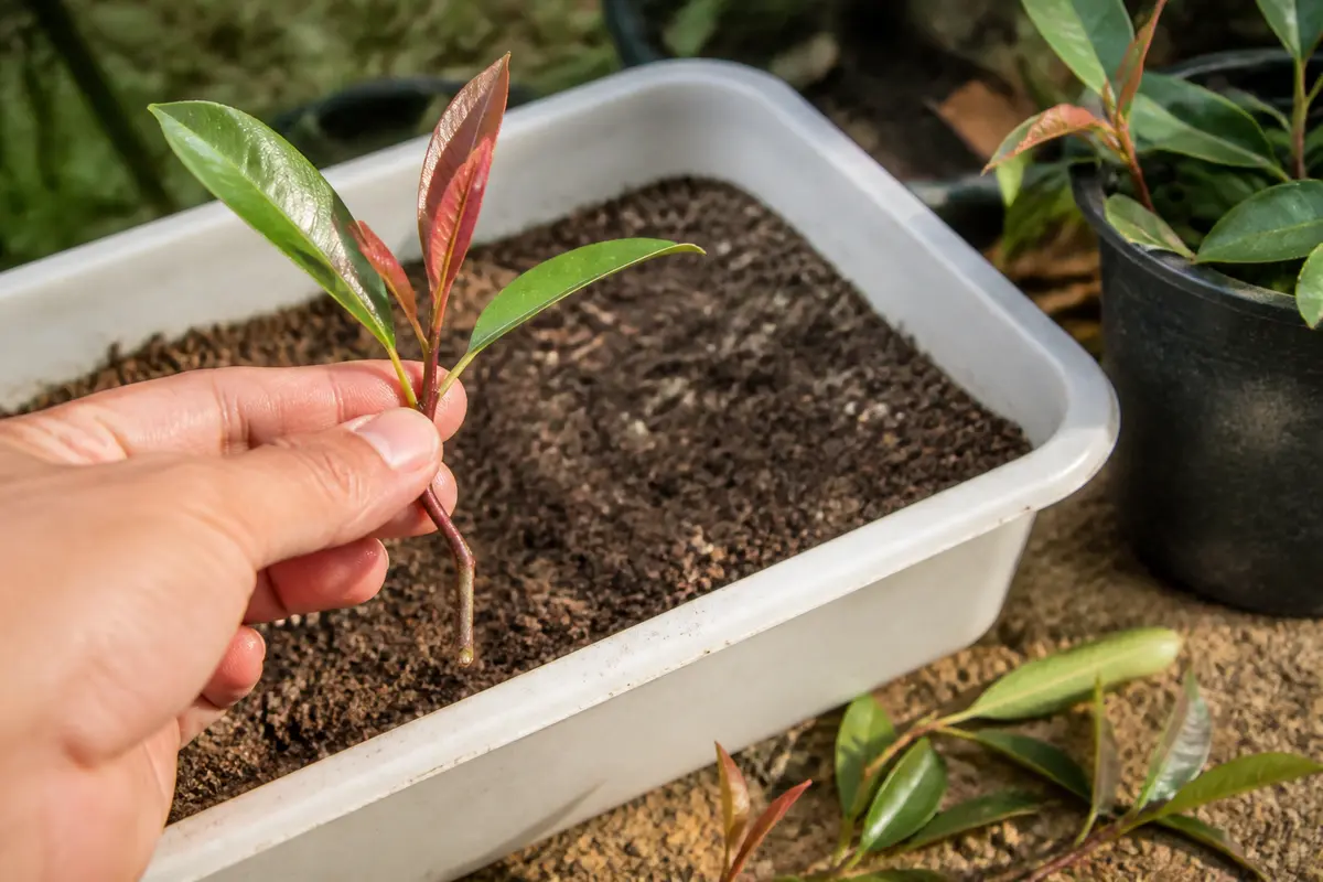 Planter une bouture de plante avec feuilles vertes et rouges dans un bac de terre rectangulaire.
