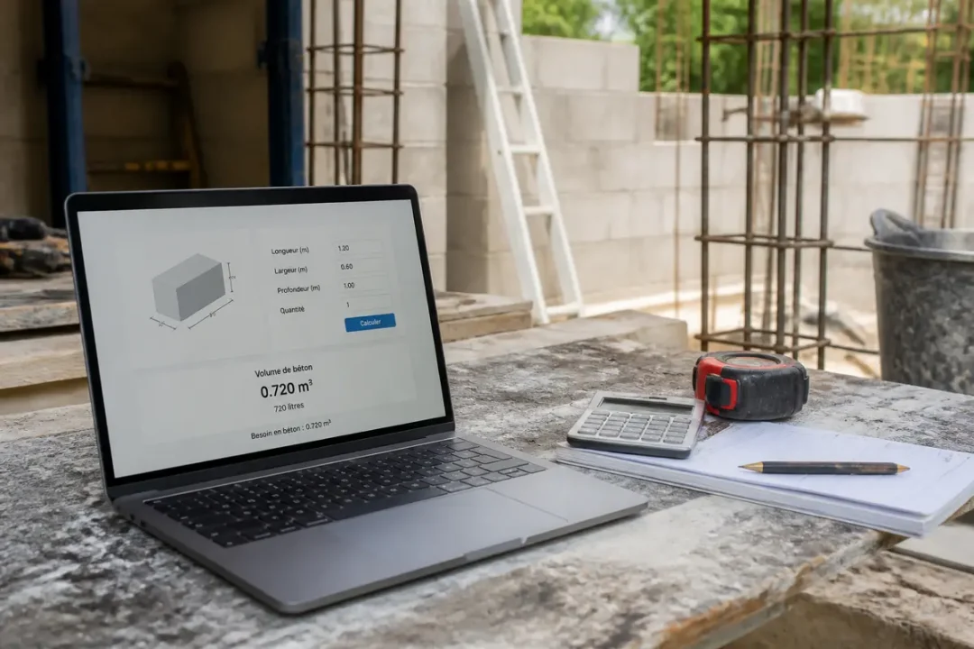 Ordinateur avec calculateur de volume de béton sur chantier, accompagné de calculatrice, mètre et carnet.