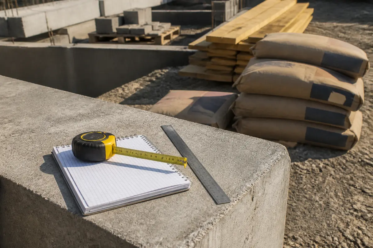 Un chantier avec des matériaux de construction : blocs de béton, planches de bois, ruban à mesurer.