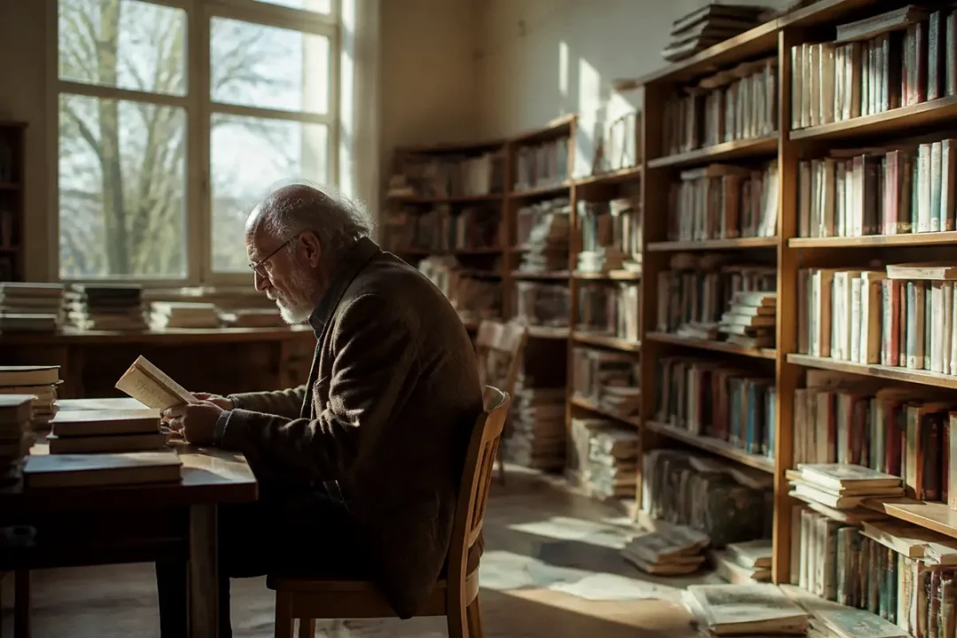 Vieil homme lisant à une table dans une bibliothèque ensoleillée, entouré d'étagères remplies de livres.