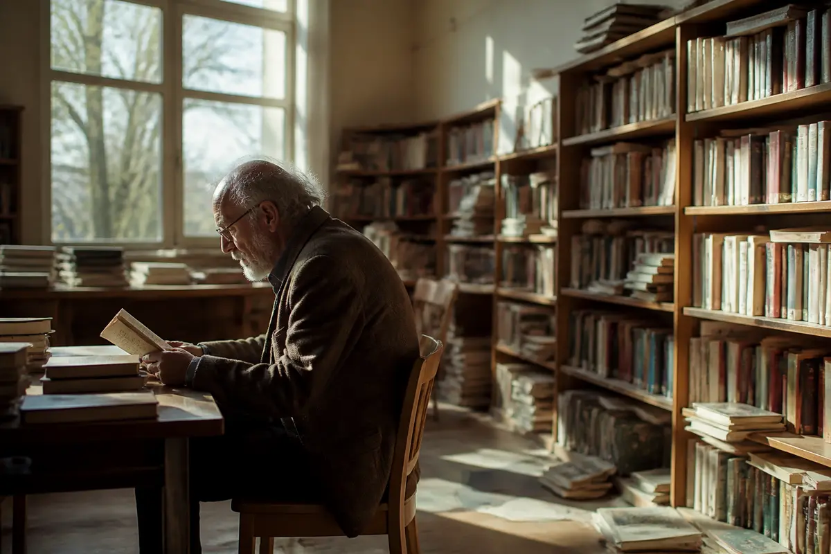 Vieil homme lisant à une table dans une bibliothèque ensoleillée, entouré d'étagères remplies de livres.