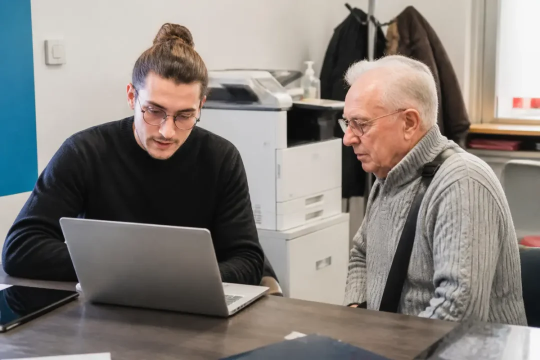 Deux hommes regardant un ordinateur portable, travaillant ensemble dans un bureau bien éclairé.
