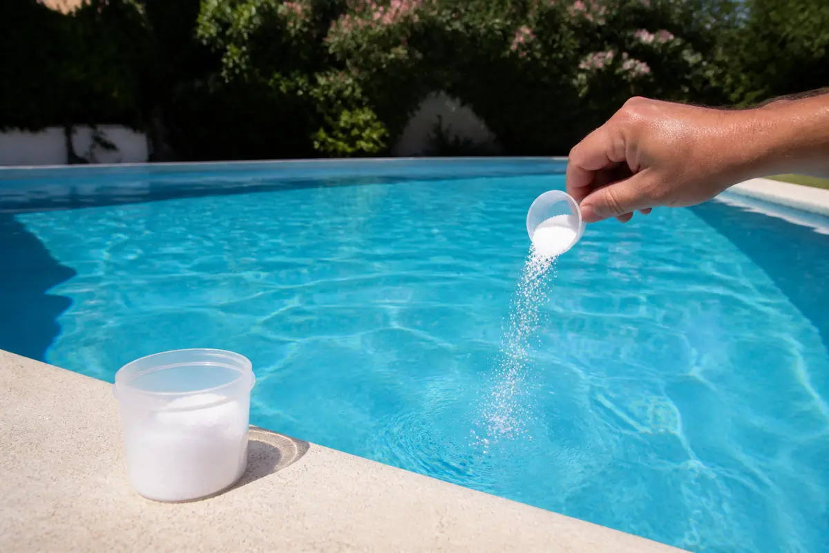 Une main verse du sel de piscine dans l'eau bleue pour désinfection. Pot en plastique au bord.