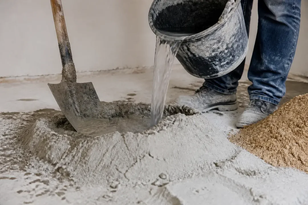 Personne versant de l'eau dans le ciment pour mélanger, avec une pelle et du sable à proximité.