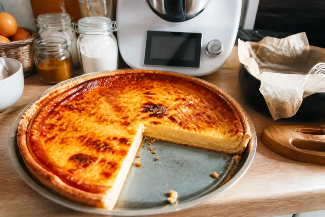 Quiche dorée avec part manquante, posée sur une table de cuisine, mixeur en arrière-plan.