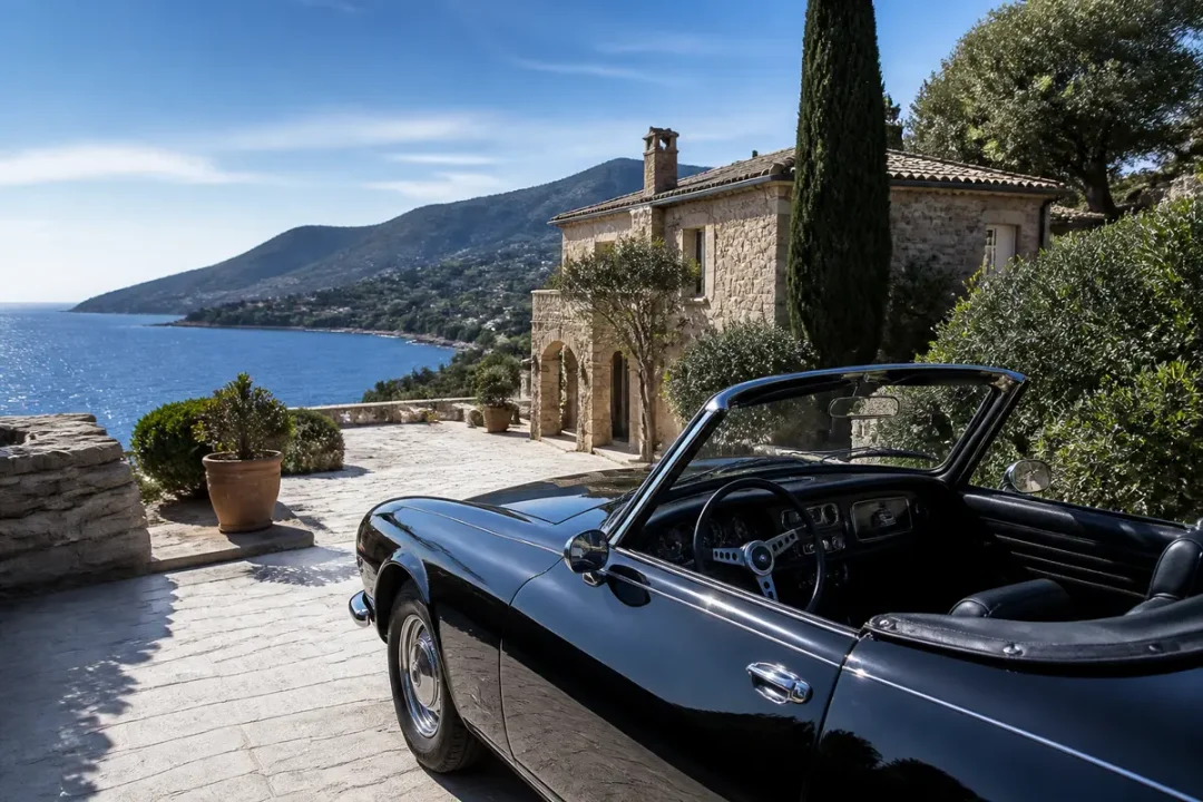 Voiture décapotable noire devant villa en pierre, mer et montagnes en arrière-plan, journée ensoleillée.
