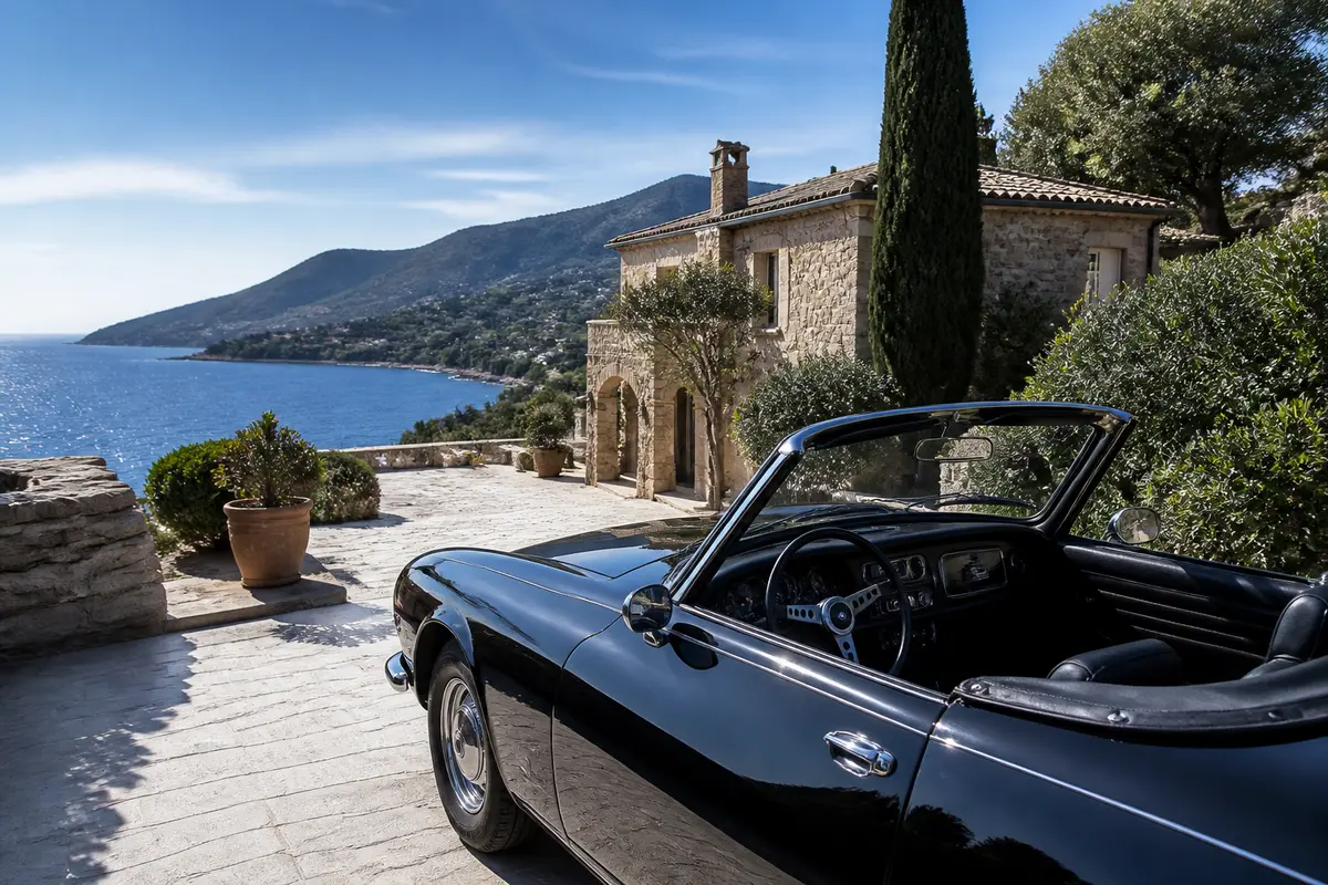 Voiture décapotable noire devant villa en pierre, mer et montagnes en arrière-plan, journée ensoleillée.