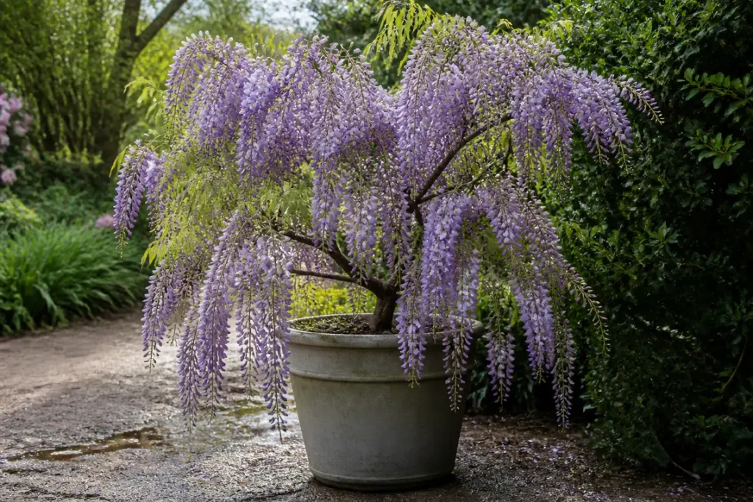 Pot de glycine en fleurs violettes, posé sur sol humide, entouré de verdure.