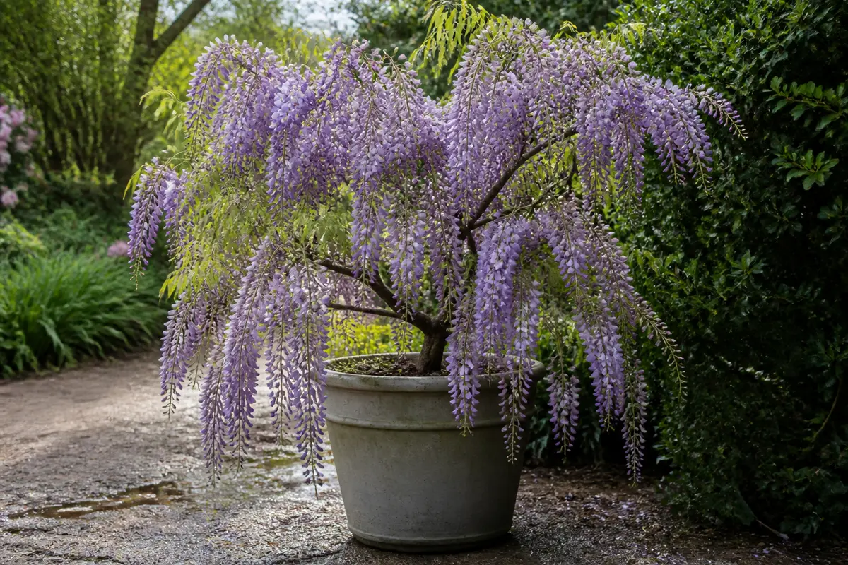 Pot de glycine en fleurs violettes, posé sur sol humide, entouré de verdure.