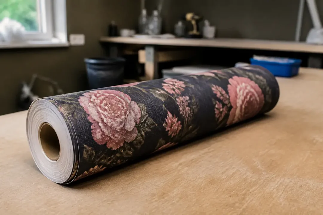 Rouleau de papier peint à motif floral posé sur une table en bois dans un atelier.
