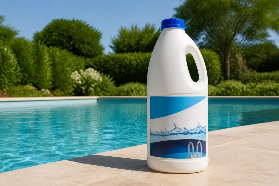 Bidon de produit pour piscine posé au bord d'une piscine entourée de végétation verte.
