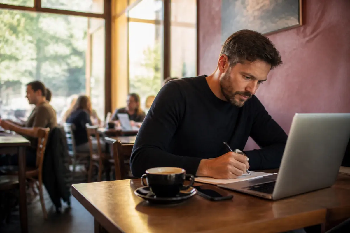 Homme écrivant dans un carnet, assis dans un café avec ordinateur portable et café. Ambiance détendue.
