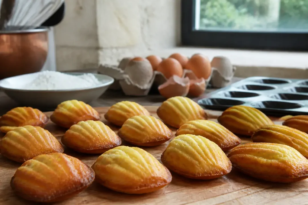 Des madeleines dorées sur une planche, près d’œufs et de farine, posées dans une cuisine.