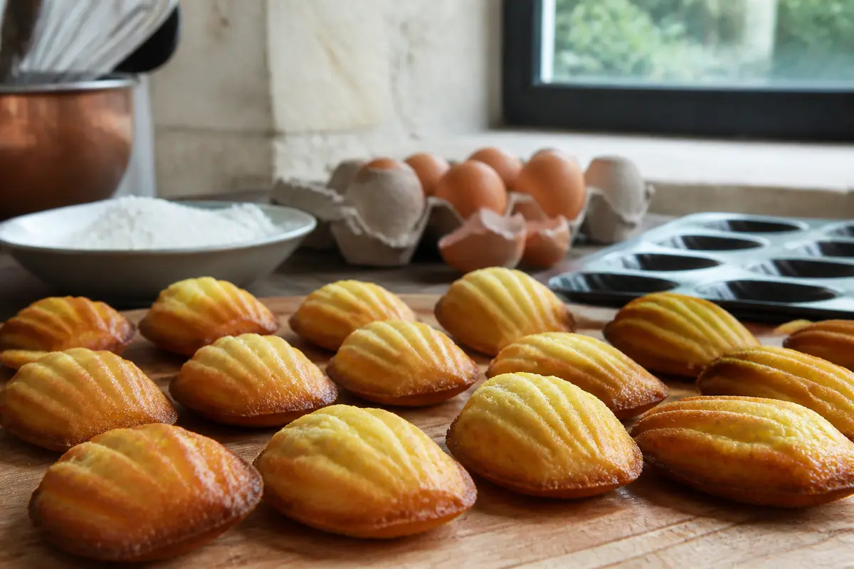 Des madeleines dorées sur une planche, près d’œufs et de farine, posées dans une cuisine.