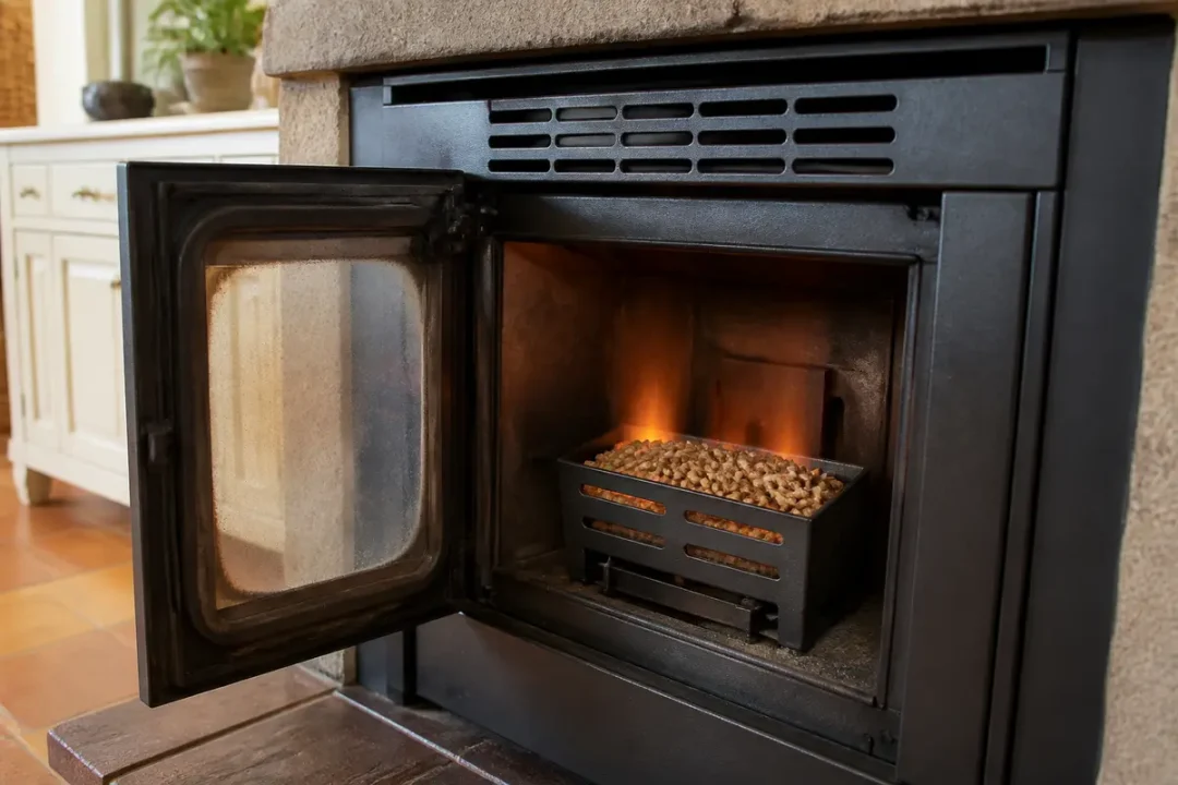 Cheminée moderne avec insert à granulés de bois, porte ouverte, flammes visibles à l'intérieur.
