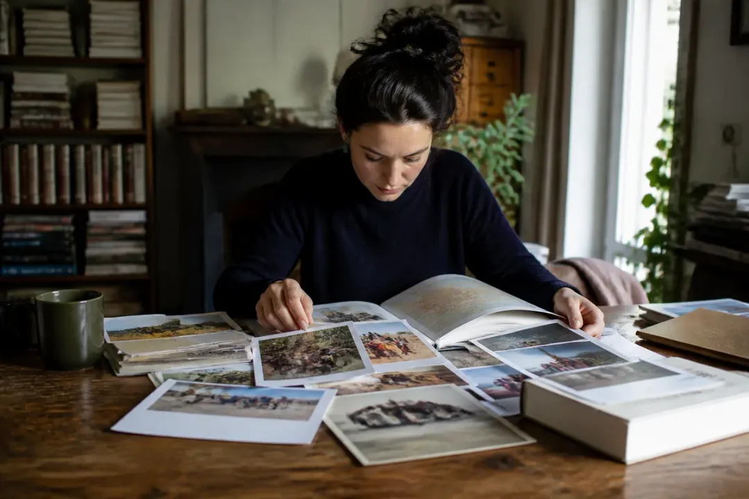 Une femme feuillette un livre, entourée de photos étalées sur une table en bois.