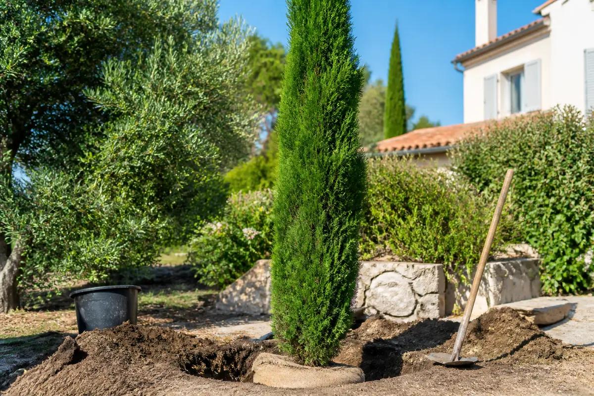 Un cyprès fraîchement planté dans un jardin, avec pelle et maison en arrière-plan.