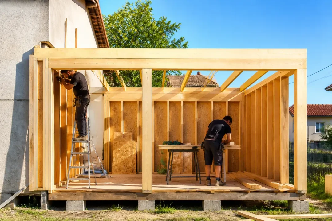 Construction en bois d'une extension de maison avec deux ouvriers travaillant sur la structure en charpente.