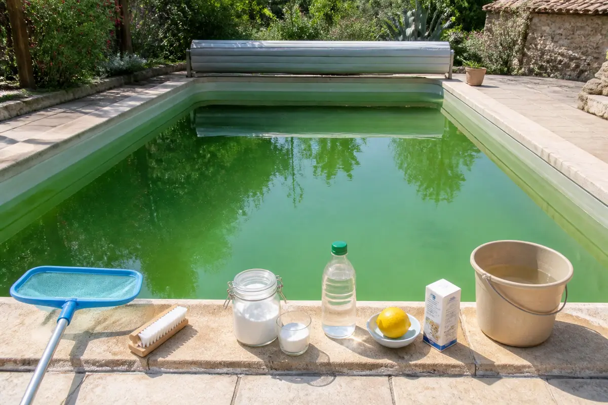 Piscine verte avec produits de nettoyage naturels en bordure prête à être traitée.