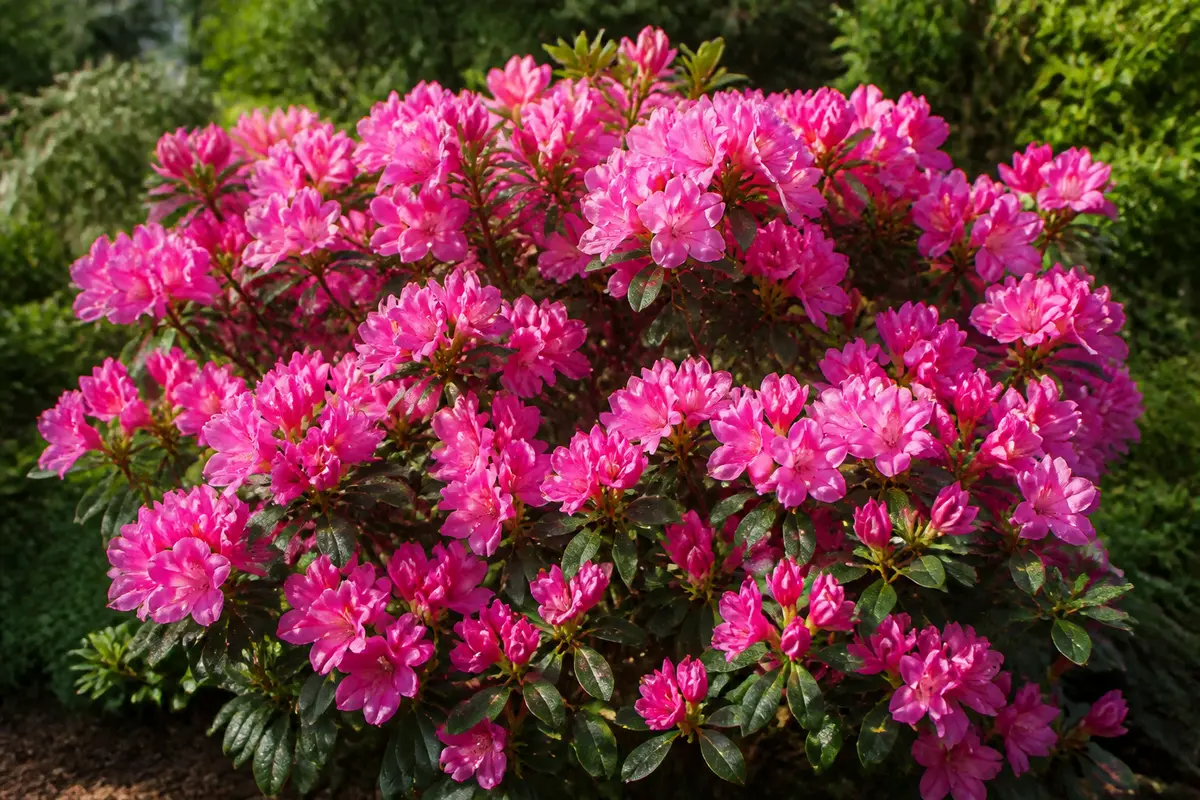 Arbuste fleuri avec de nombreuses fleurs roses vibrant parmi le feuillage vert dense du jardin.