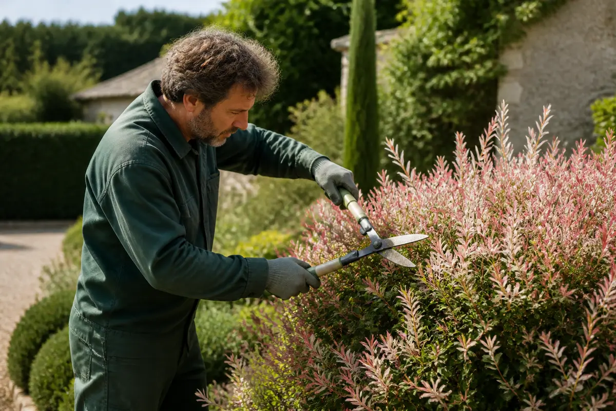 Un jardinier taille un buisson avec des cisailles, vêtu d'une combinaison verte, en plein air.